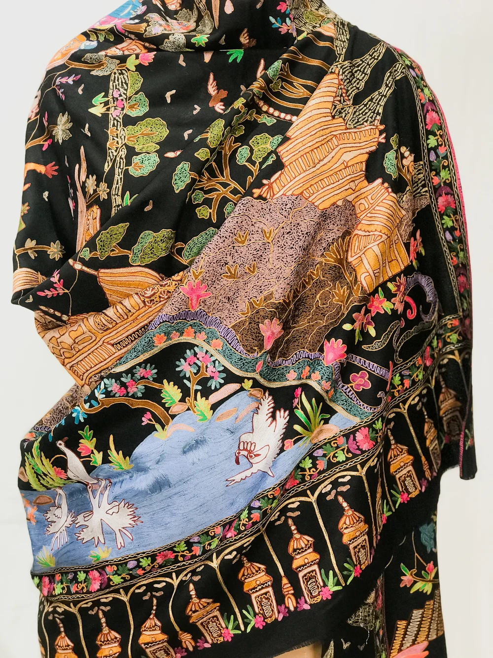 Midnight Black Fine Wool Textured Shawl with Silk Thread Aari and Zari Jama Embroidery front