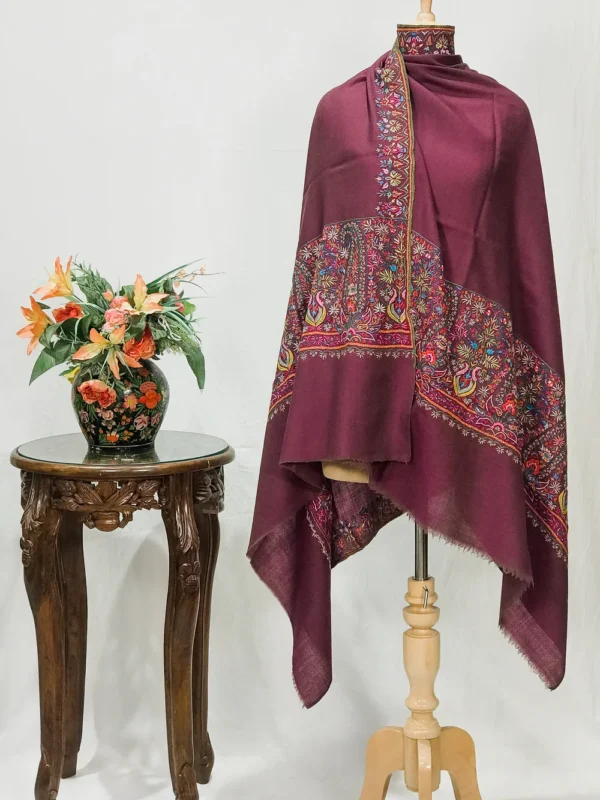Purple Diamond Weave Pure Wool Cross Shade Shawl with Sozni Hand Embroidery