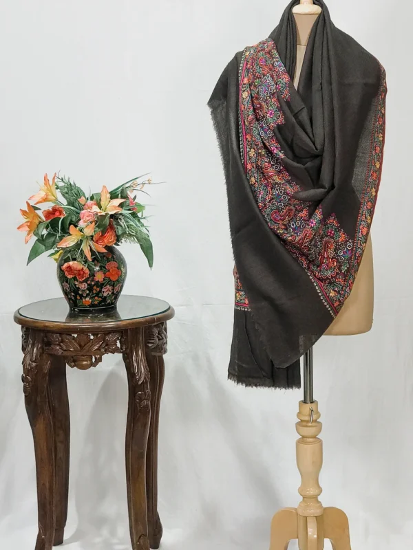 Brown Diamond Weave Pure Wool Cross Shade Shawl with Sozni Hand Embroidery