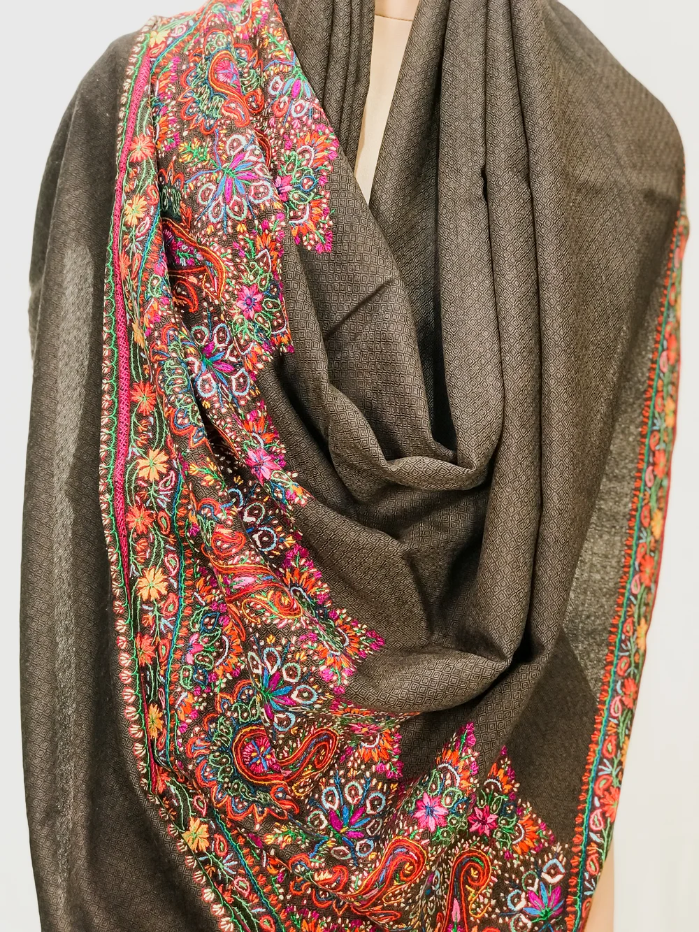 Brown Diamond Weave Pure Wool Cross Shade Shawl with Sozni Hand Embroidery front