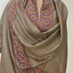 Grey Diamond Weave Pure Wool Cross Shade Shawl with Sozni Hand Embroidery front