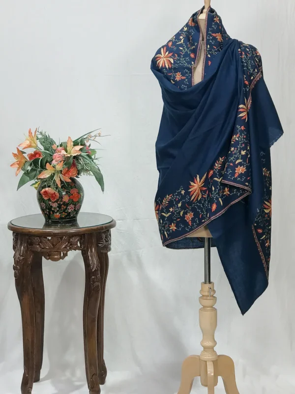 Peacock Blue Pure Wool Shawl with Sozni Hand Embroidery