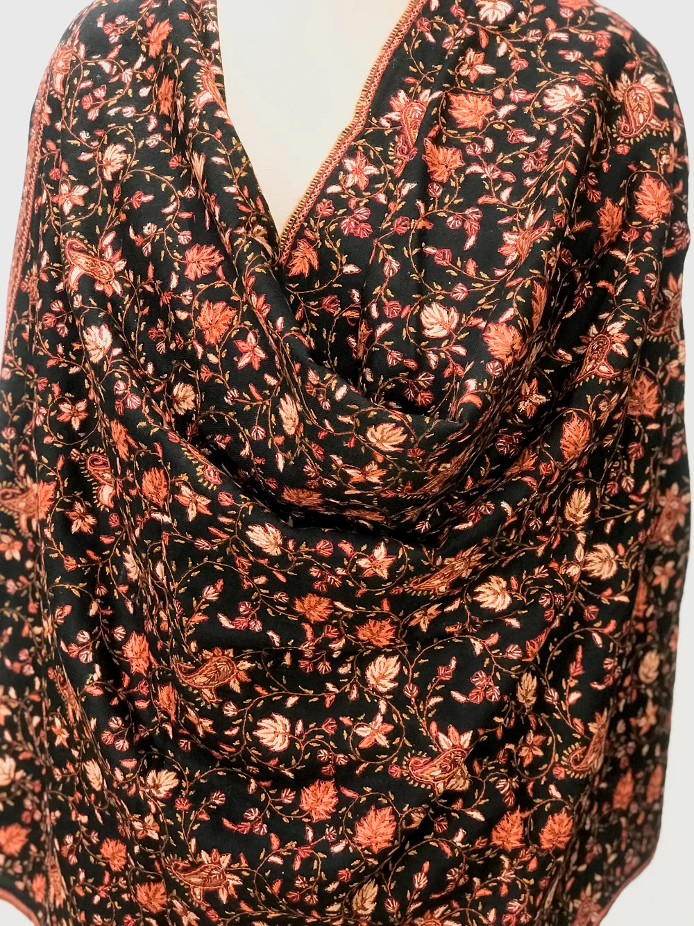 Black Sozni Jaal Hand Embroidered Pure Wool Shawl front Black Sozni Jaal Hand Embroidered Pure Wool Shawl front