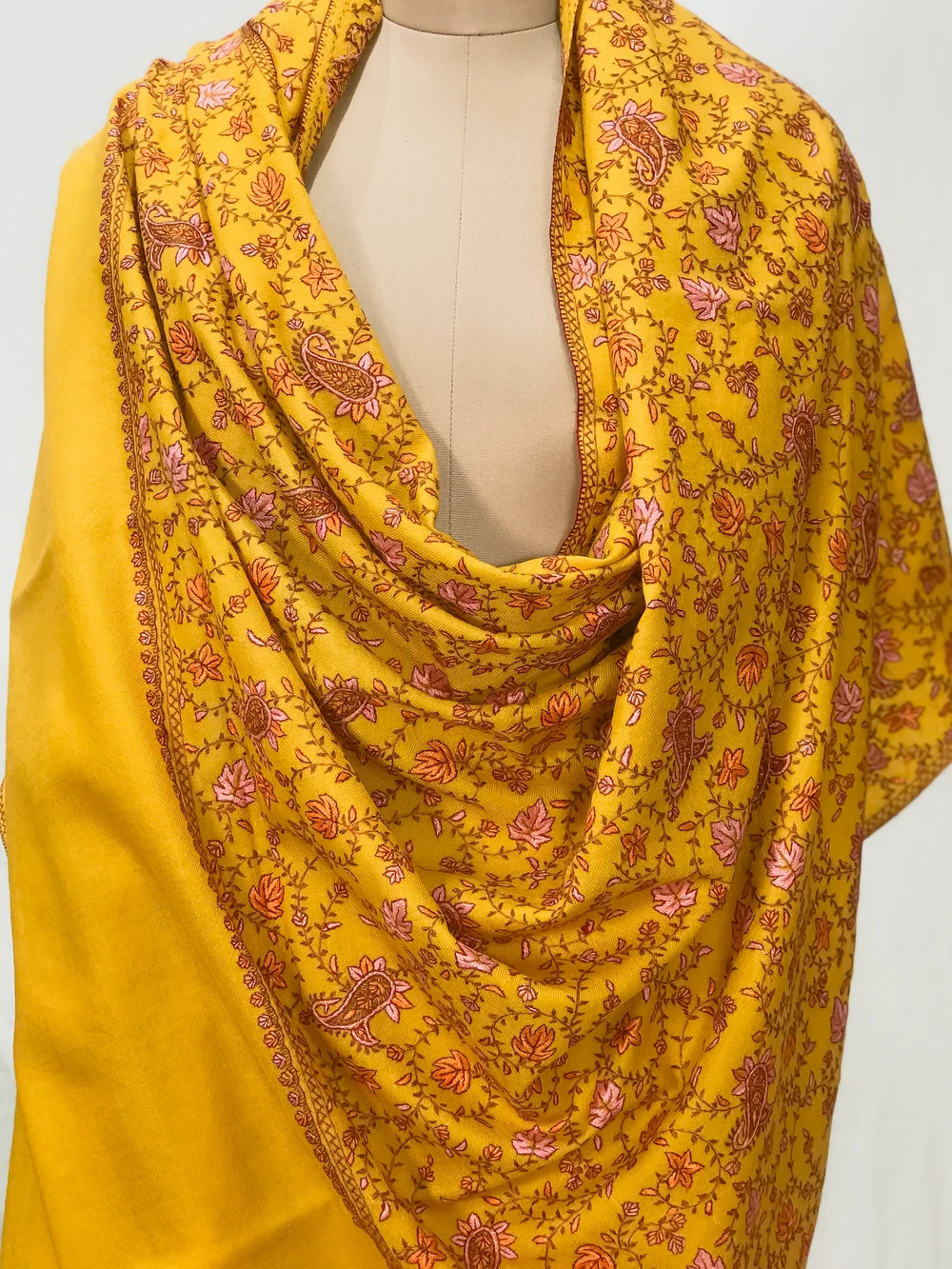 Yellow Sozni Jaal Hand Embroidered Pure Wool Shawl front Yellow Sozni Jaal Hand Embroidered Pure Wool Shawl front