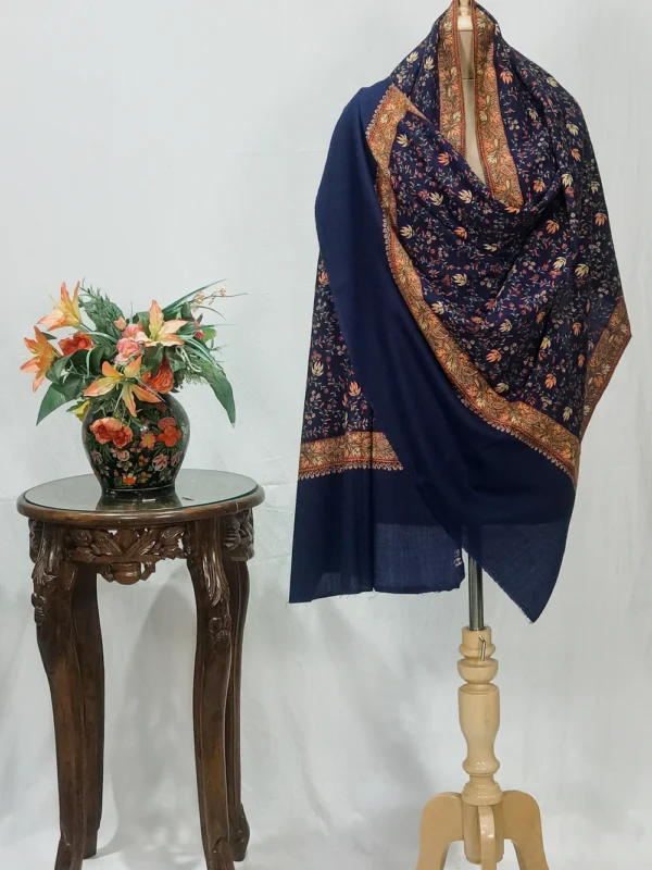 Navy Blue Neem Daur Sozni Jaal Hand Embroidered Pure Wool Shawl