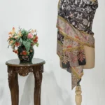 Charcoal Grey Fine Wool Kalamkari Stole with Pastel Multi-Colour Embroidery