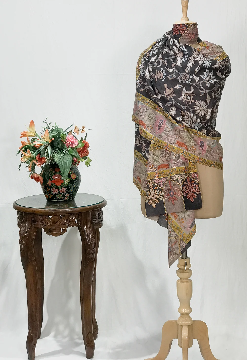 Charcoal Grey Fine Wool Kalamkari Stole with Pastel Multi-Colour Embroidery Charcoal Grey Fine Wool Kalamkari Stole with Pastel Multi-Colour Embroidery