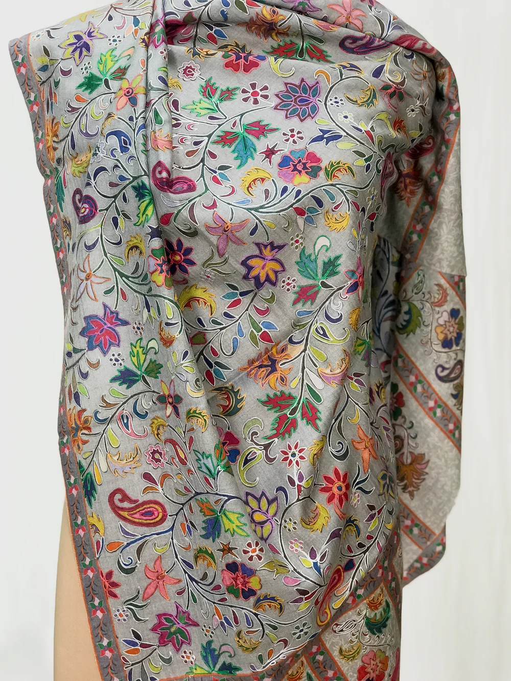 Ash Grey Floral Fine Wool Kalamkari Stole front Ash Grey Floral Fine Wool Kalamkari Stole front