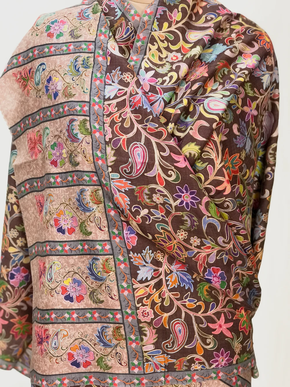 Brown Floral Fine Wool Kalamkari Stole front Brown Floral Fine Wool Kalamkari Stole front