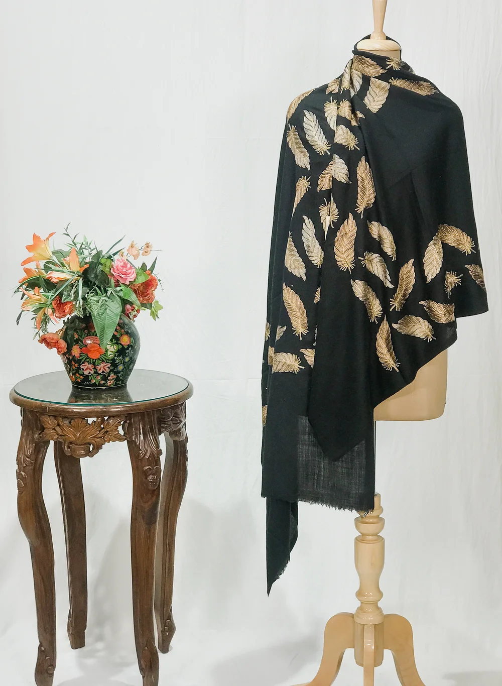 Black Fine Wool Stole with Thread Embroidery And Zari Detailing