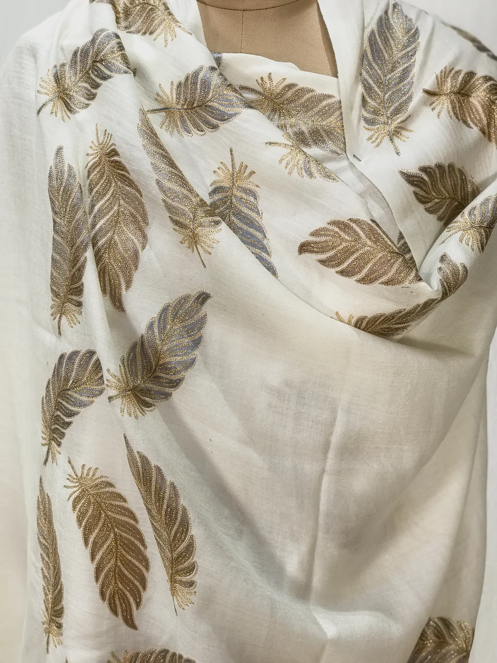 Off-White Fine Wool Stole with Thread Embroidery And Zari Detailing front