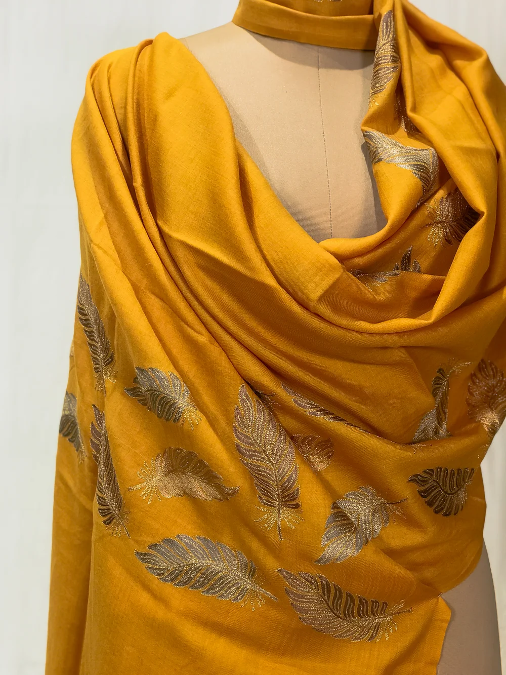 Mustard Fine Wool Stole with Thread Embroidery And Zari Detailing front
