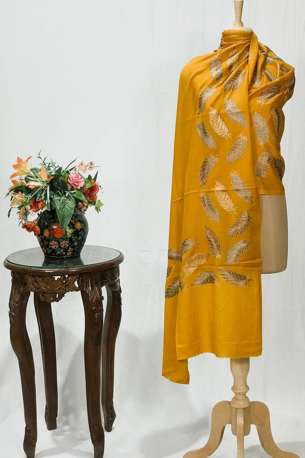Mustard Fine Wool Stole with Thread Embroidery And Zari Detailing