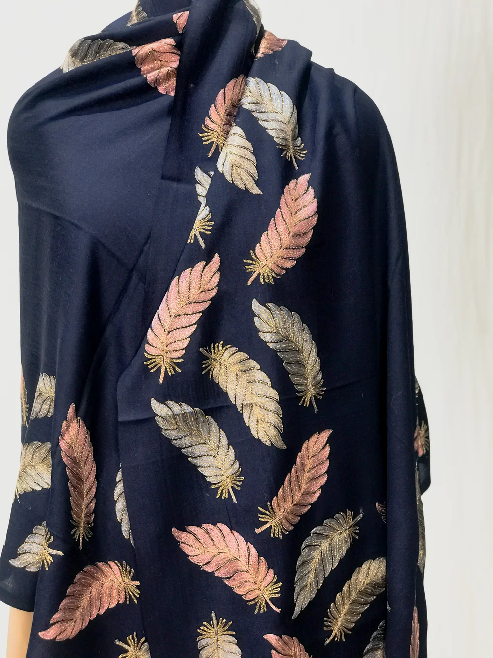 Navy Blue Fine Wool Stole with Thread Embroidery And Zari Detailing front