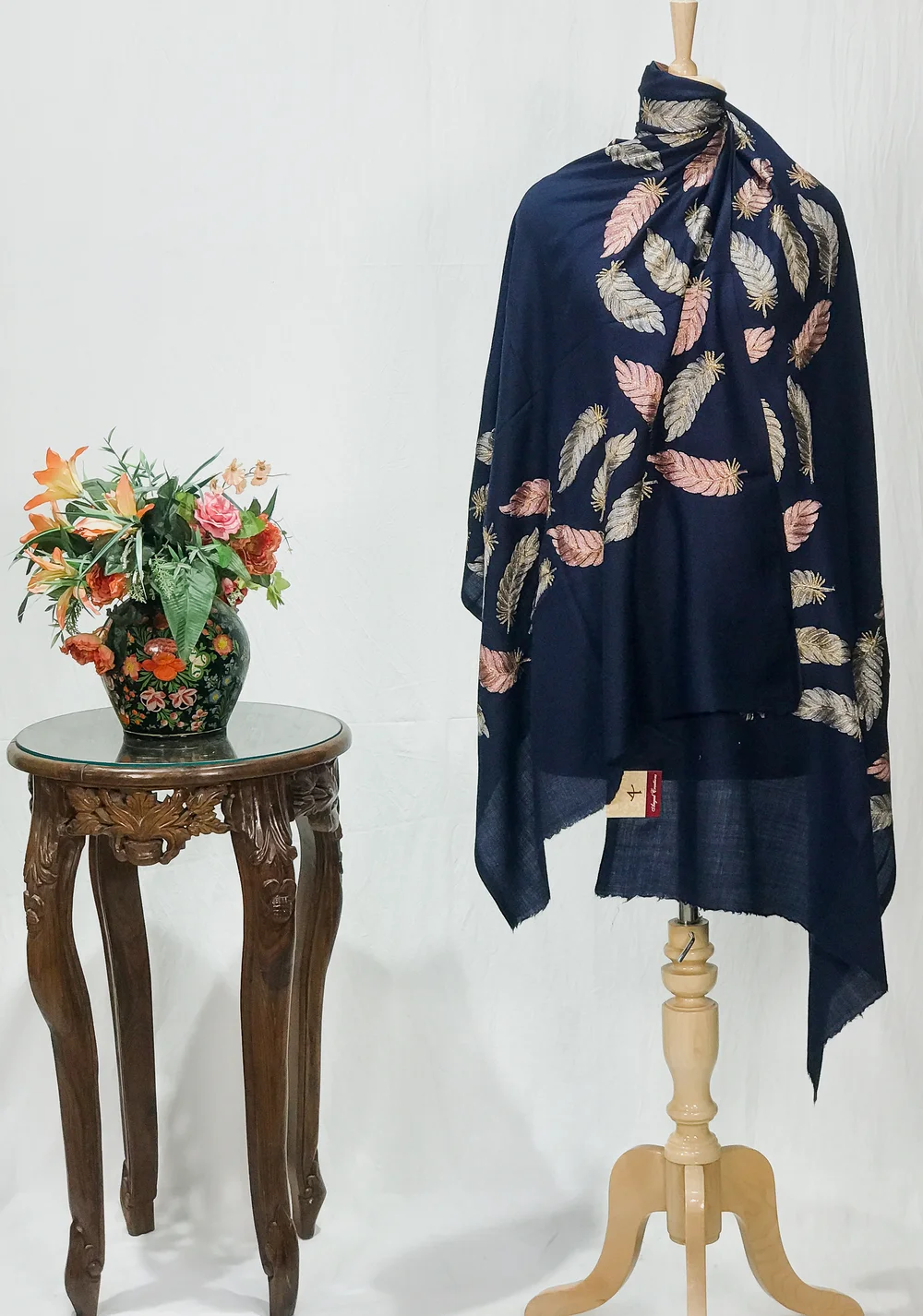 Navy Blue Fine Wool Stole with Thread Embroidery And Zari Detailing