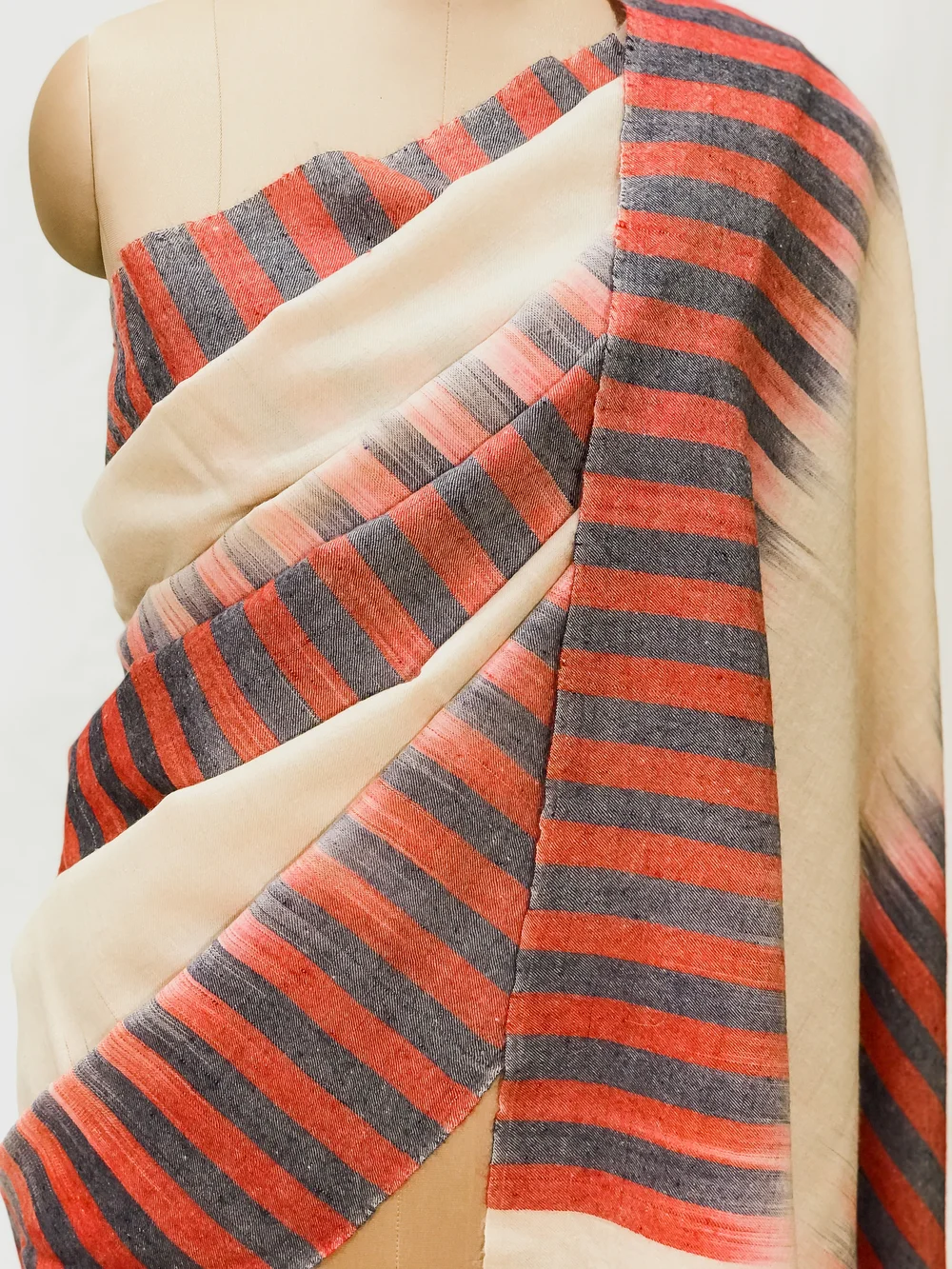 Cream Pure Pashmina Shawl with Ikat Design front
