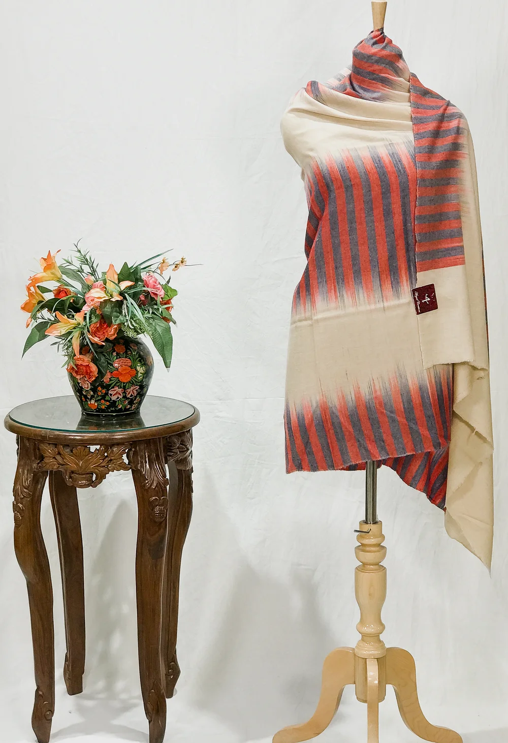 Cream Pure Pashmina Shawl with Ikat Design