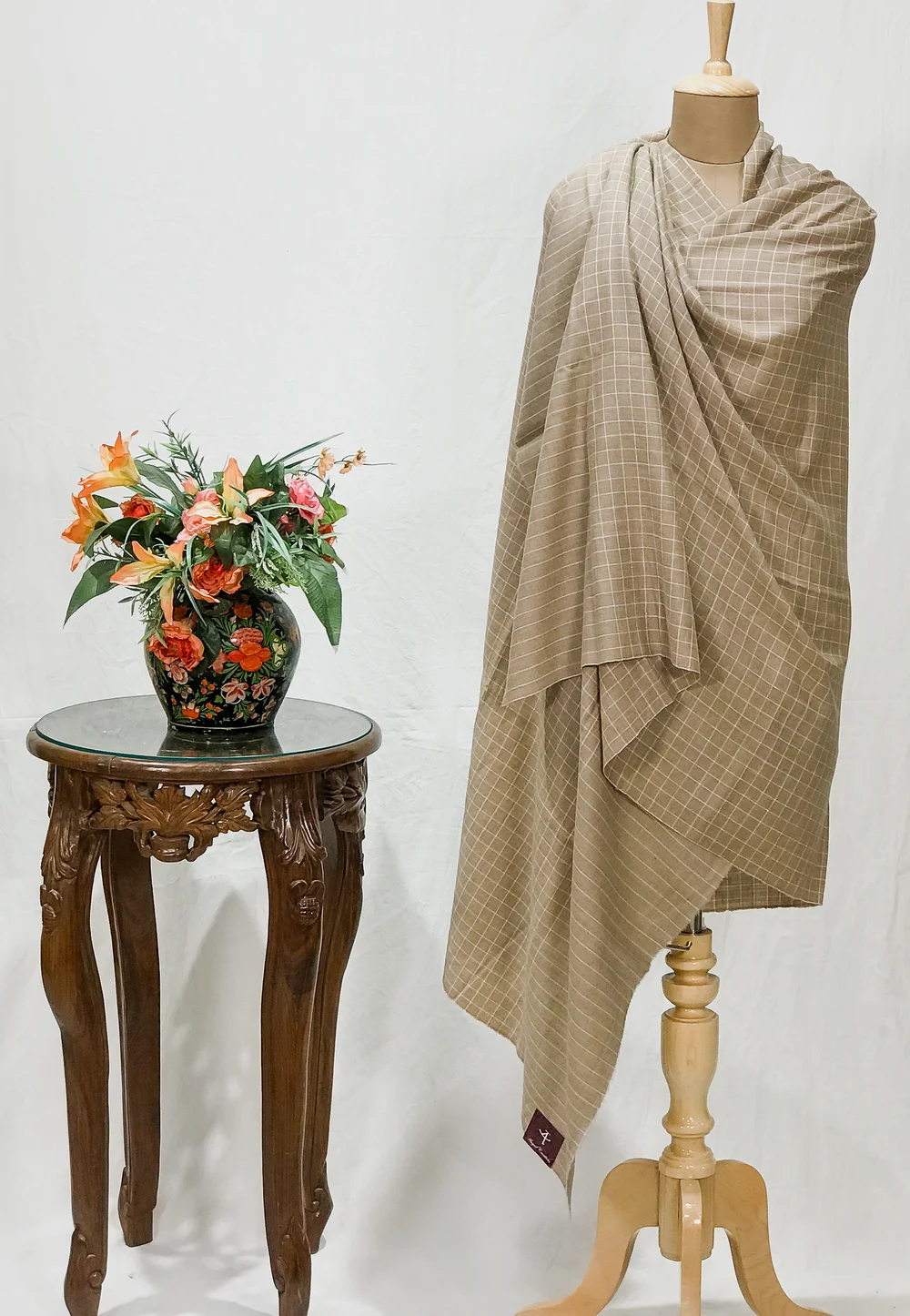 Beige Checkered Ladakhi Pashmina Shawl