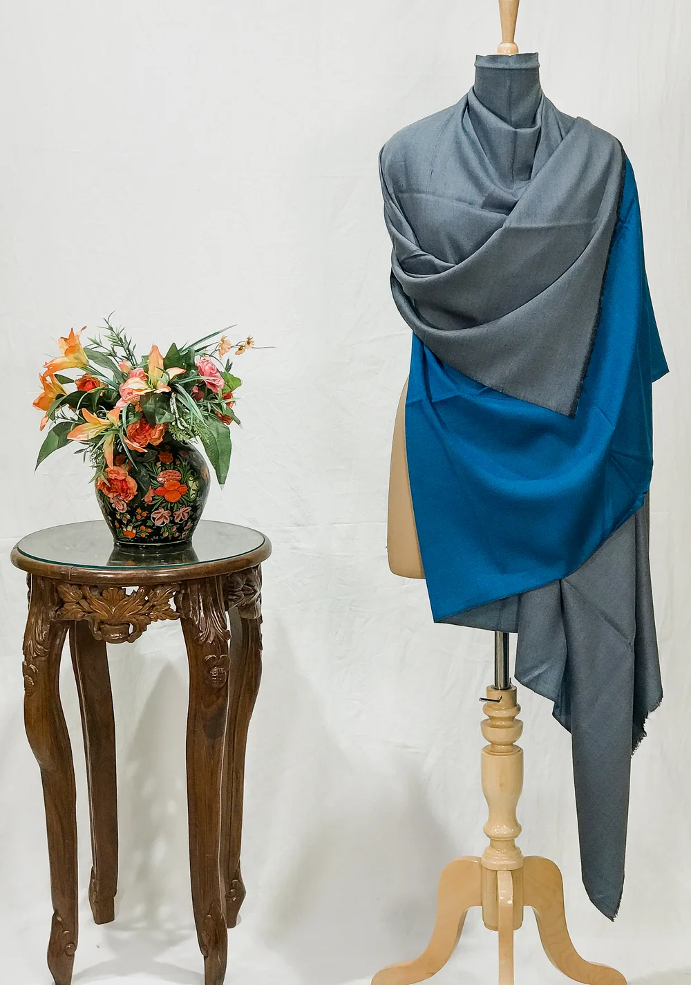 Blue and Grey Reversible Pure Pashmina Shawl