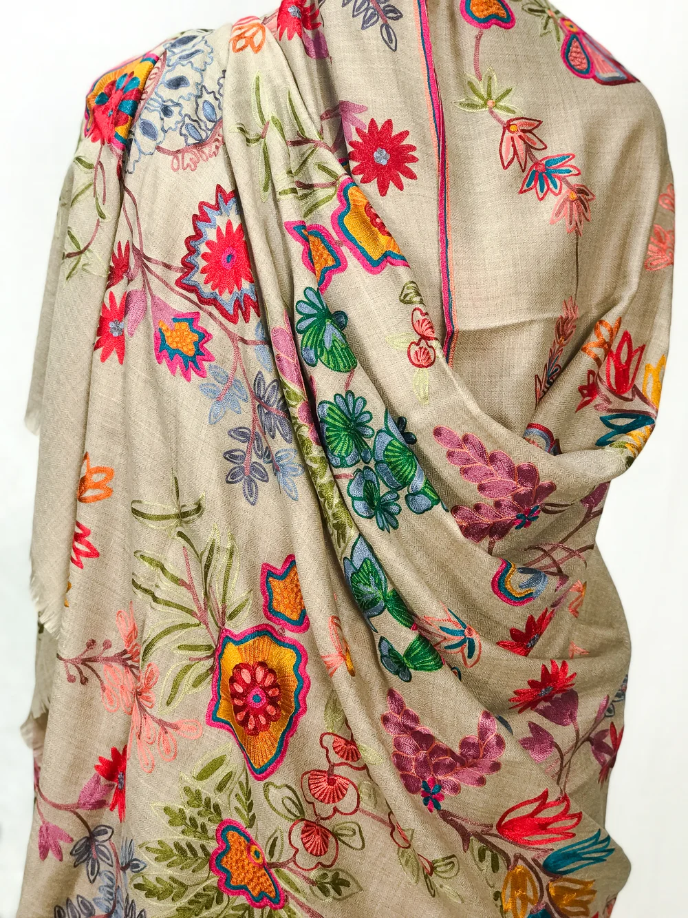 Beige Pure Wool Shawl with Silk Thread Aari Embroidery front