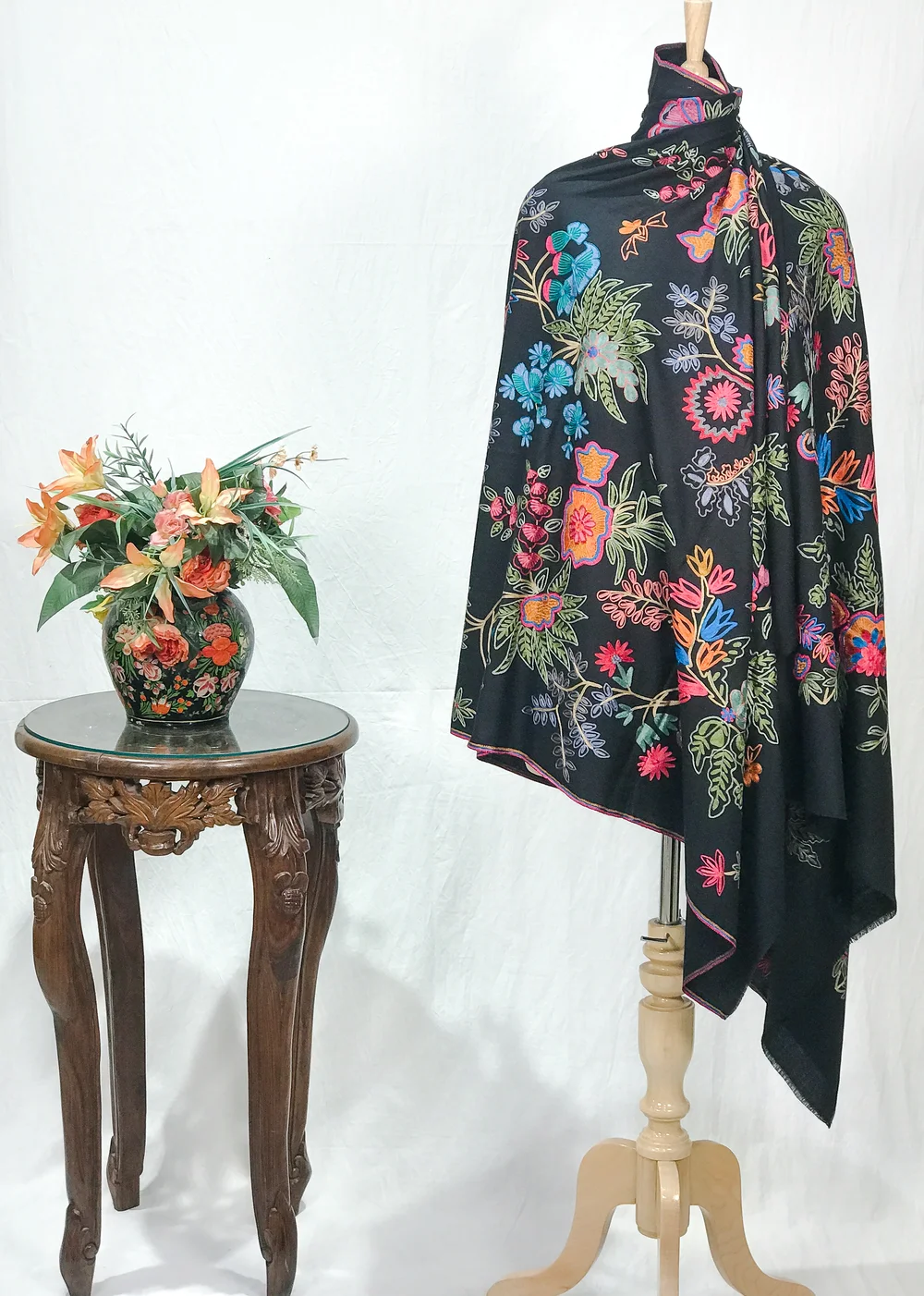 Black Pure Wool Shawl with Silk Thread Aari Embroidery