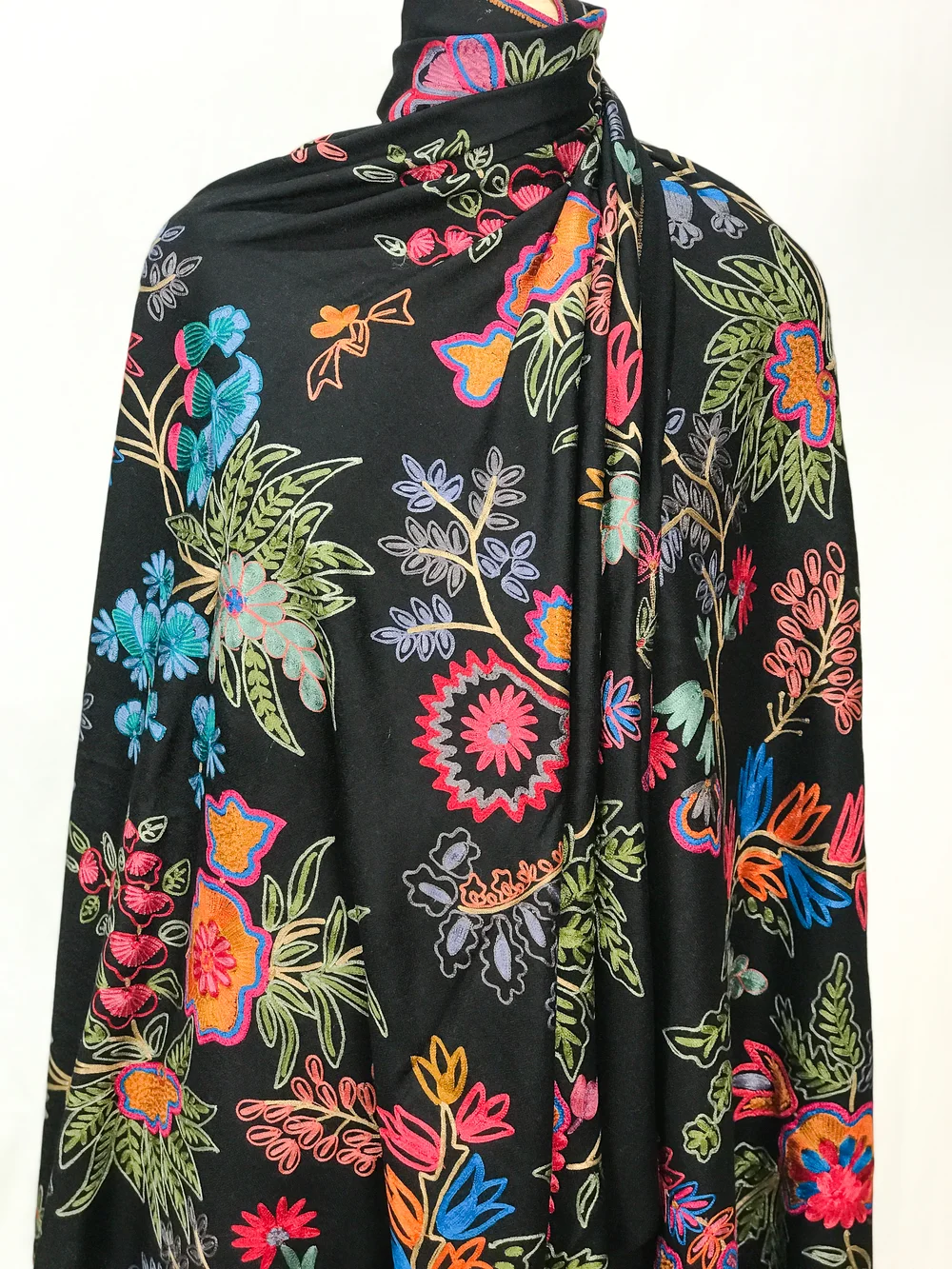 Black Pure Wool Shawl with Silk Thread Aari Embroidery front