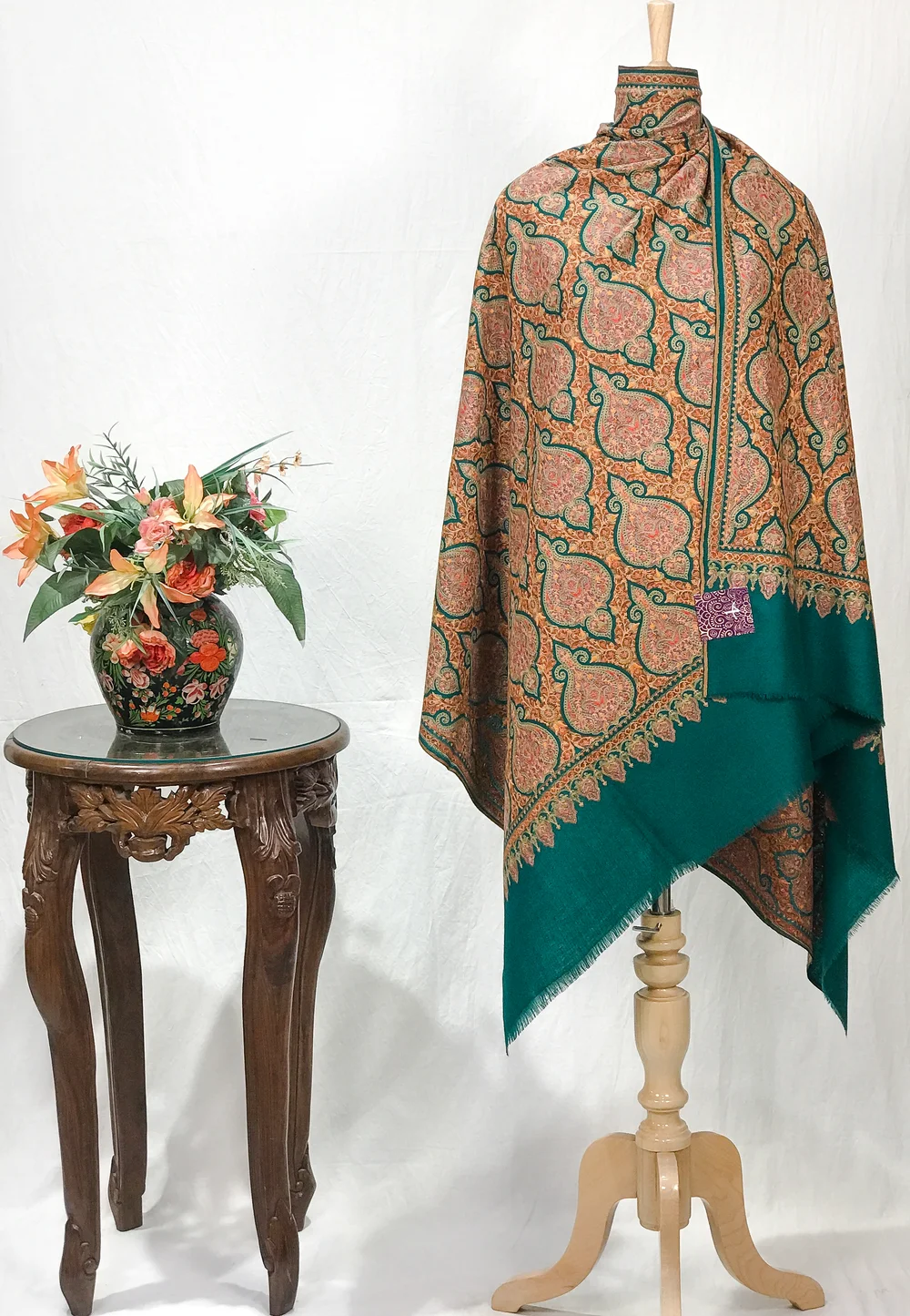 Green Pure Wool Shawl with Sozni Machine Jama Embroidery