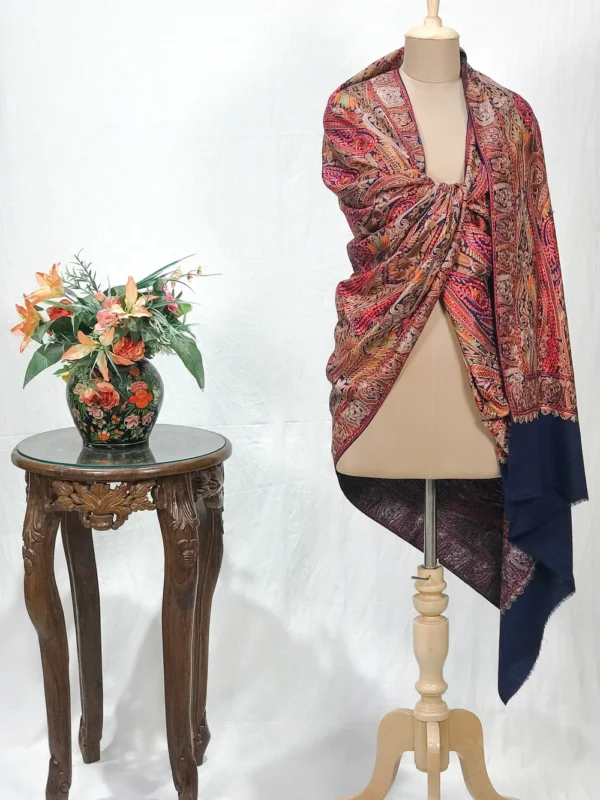 Navy Blue Fine Wool Shawl with Silk Thread Aari Jama Embroidery