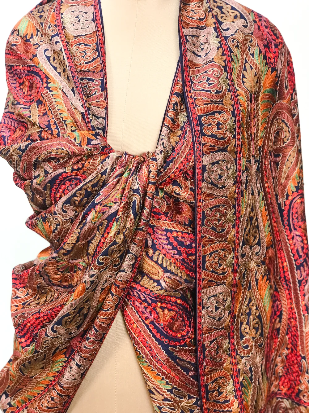 Navy Blue Fine Wool Shawl with Silk Thread Aari Jama Embroidery front Navy Blue Fine Wool Shawl with Silk Thread Aari Jama Embroidery front