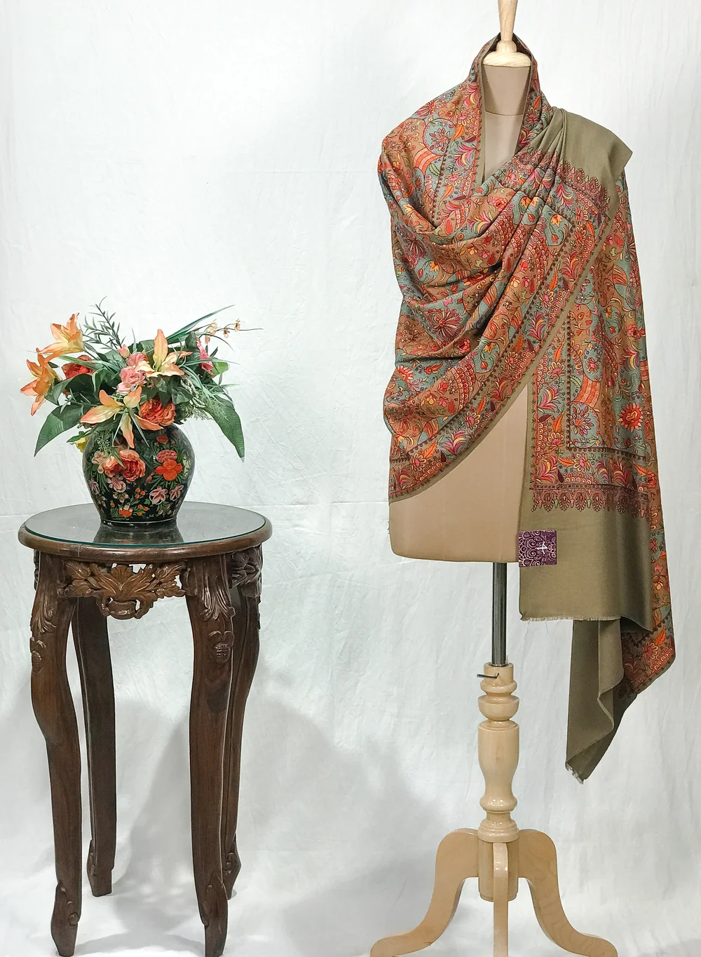 Beige Pure Wool Shawl with Sozni Machine Jama Embroidery Beige Pure Wool Shawl with Sozni Machine Jama Embroidery