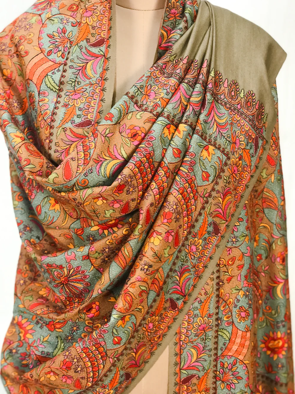 Beige Pure Wool Shawl with Sozni Machine Jama Embroidery front Beige Pure Wool Shawl with Sozni Machine Jama Embroidery front