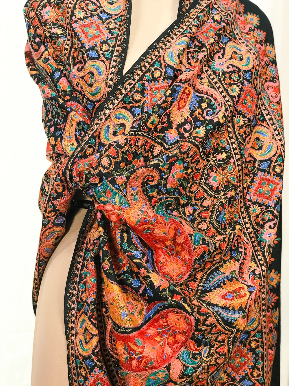 Black Pure Wool Shawl with Sozni Machine Jama Embroidery front