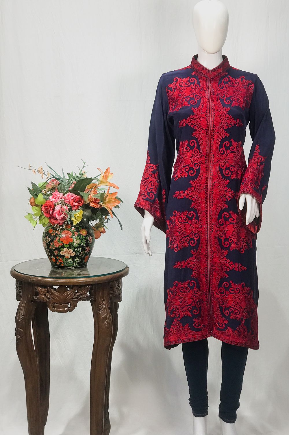 Navy Blue Kurta with Silk Thread Achkan Style Aari Embroidery
