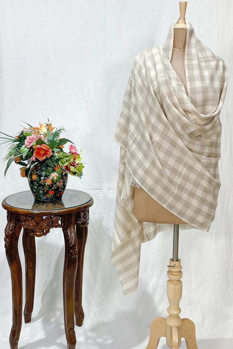 Creamy Beige Checkered Pashmina Shawl