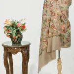 Beige Pure Wool Shawl with Silk Thread Aari and Zari Jaal Embroidery