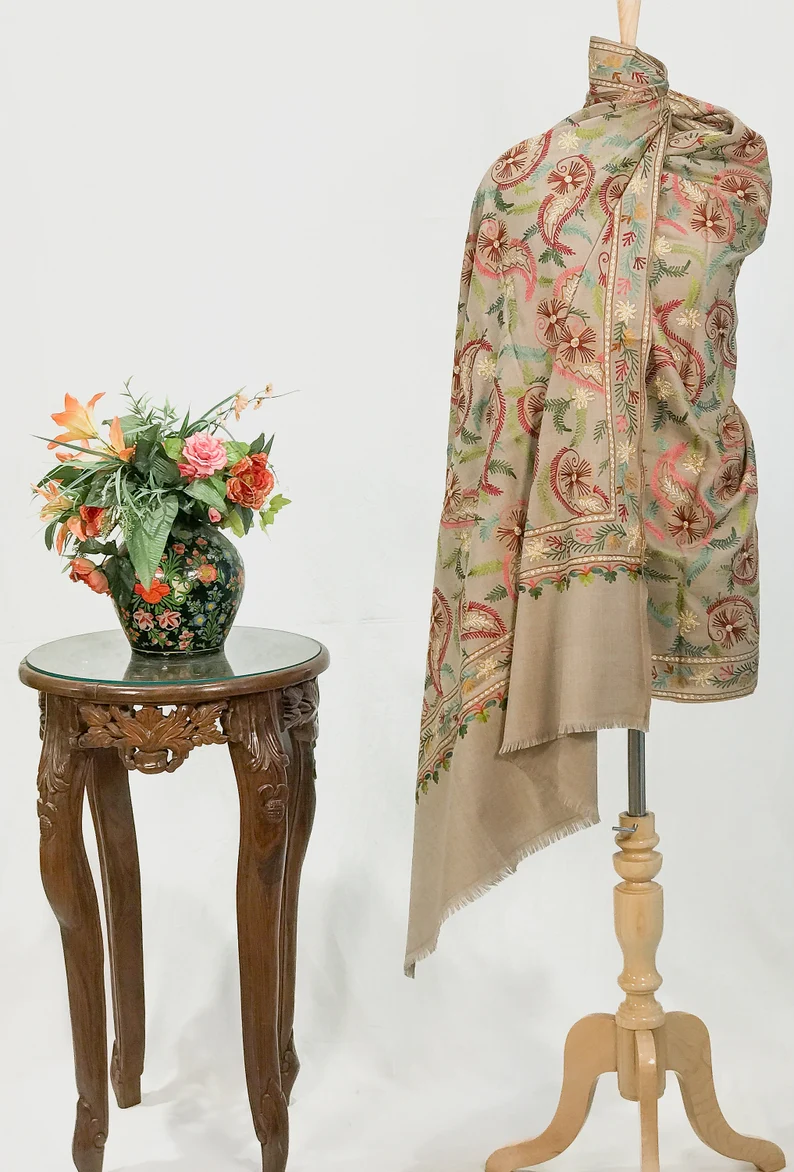 Beige Pure Wool Shawl with Silk Thread Aari and Zari Jaal Embroiderye Beige Pure Wool Shawl with Silk Thread Aari and Zari Jaal Embroidery