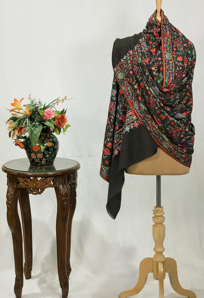 Black Pure Wool Shawl with Silk Thread Aari Jaal Embroidery
