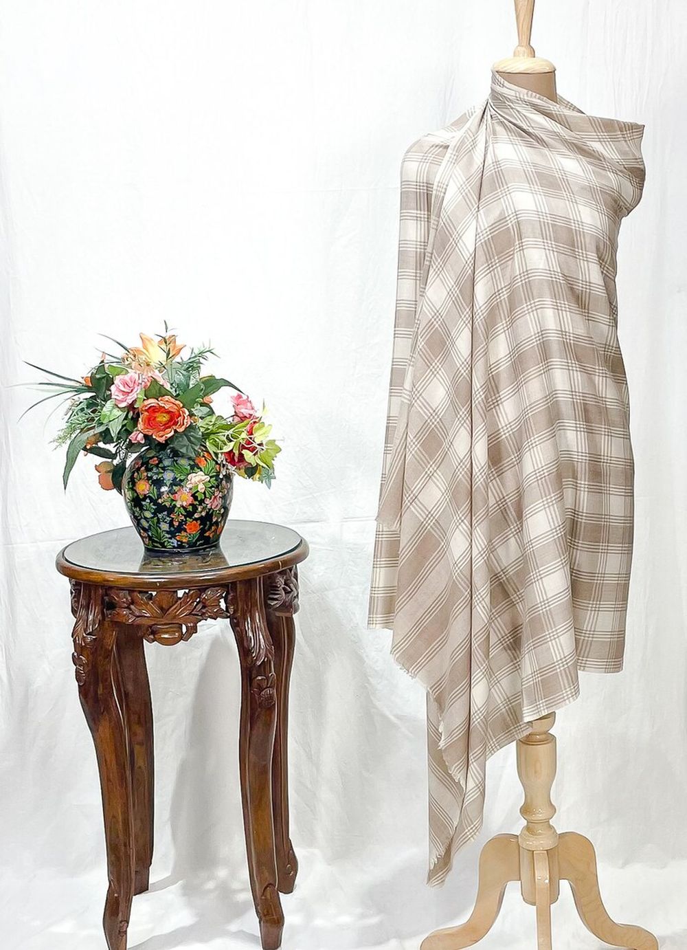 Checkered Pashmina Shawl Cream and Beige