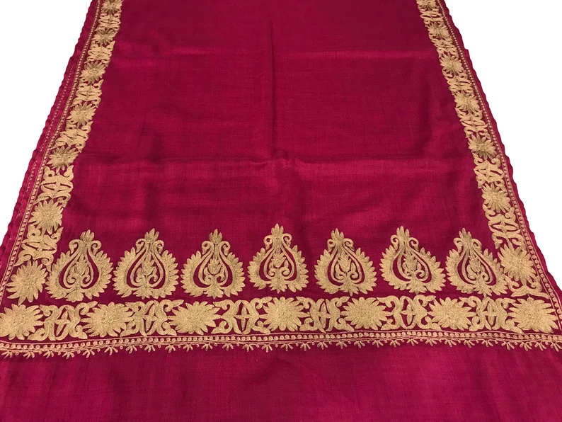 Pink Pure Wool Stole with Kashmiri Tilla Embroidery