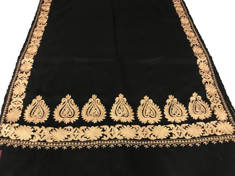 Black Pure Wool Stole with Kashmiri Tilla Embroidery