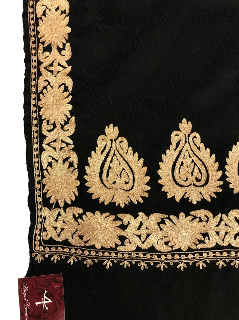 Black Pure Wool Stole with Kashmiri Tilla Embroidery front
