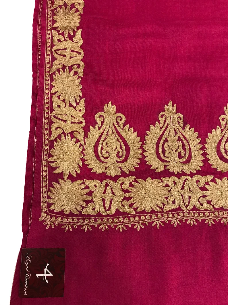 Pink Pure Wool Stole with Kashmiri Tilla Embroidery front