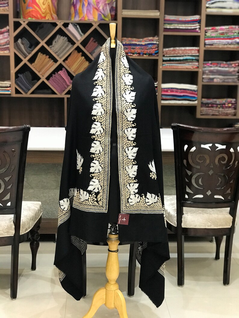 Black Pure Pashmina Shawl With Tilla Embroidery