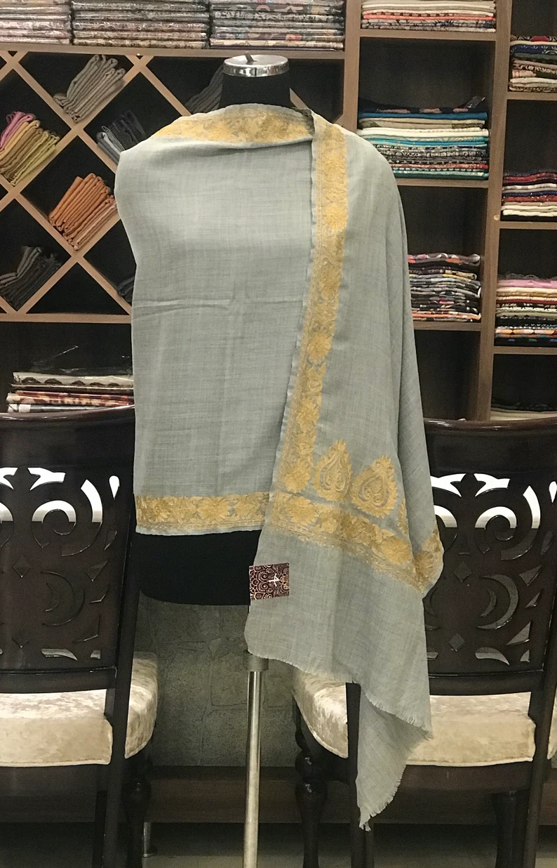 Grey Wani Design Pure Wool Stole with Kashmiri Tilla Embroidery