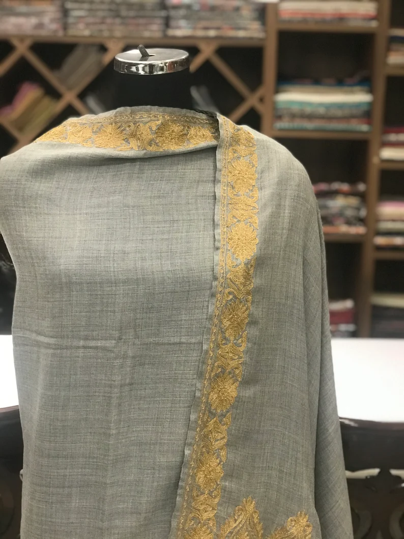 Grey Wani Design Pure Wool Stole with Kashmiri Tilla Embroidery front
