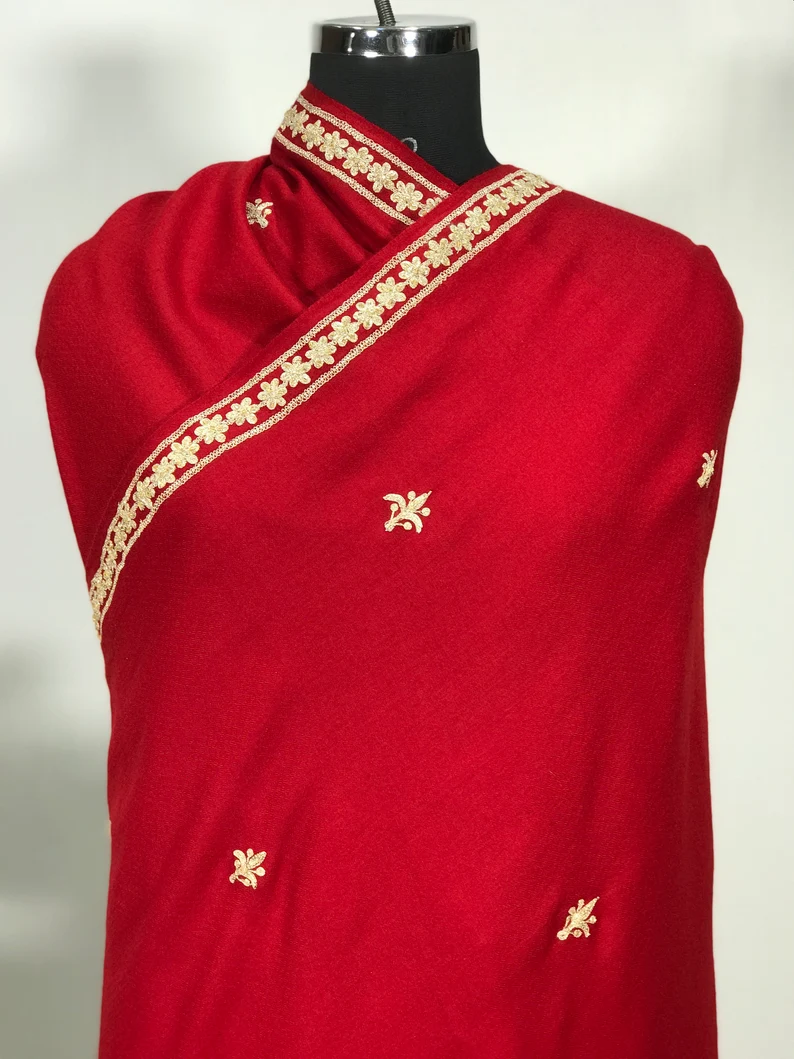 Red Pure Pashmina Stole with Tilla Embroidery front