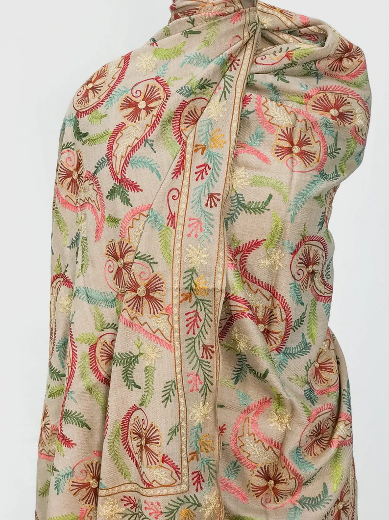 qBeige Pure Wool Shawl with Silk Thread Aari and Zari Jaal Embroidery Beige Pure Wool Shawl with Silk Thread Aari and Zari Jaal Embroidery