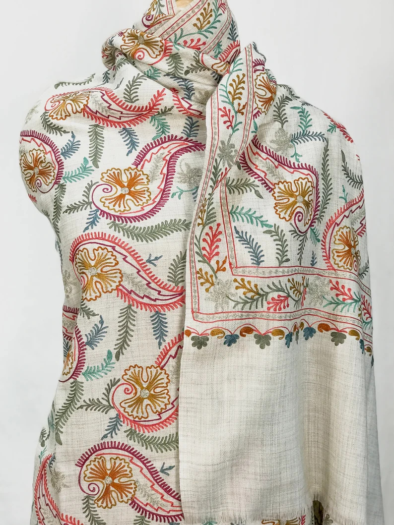 Off-White Pure Wool Shawl with Silk Thread Aari and Zari Jaal Embroideryq Off-White Pure Wool Shawl with Silk Thread Aari and Zari Jaal Embroidery