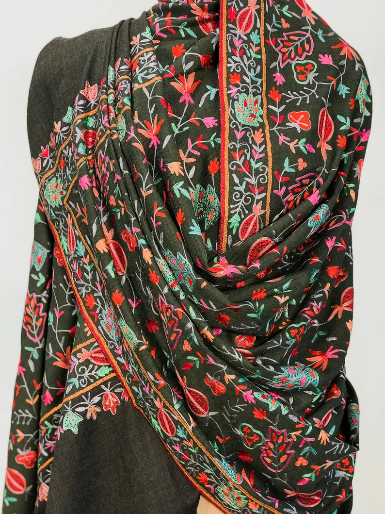 Black Pure Wool Shawl with Silk Thread Aari Jaal Embroidery