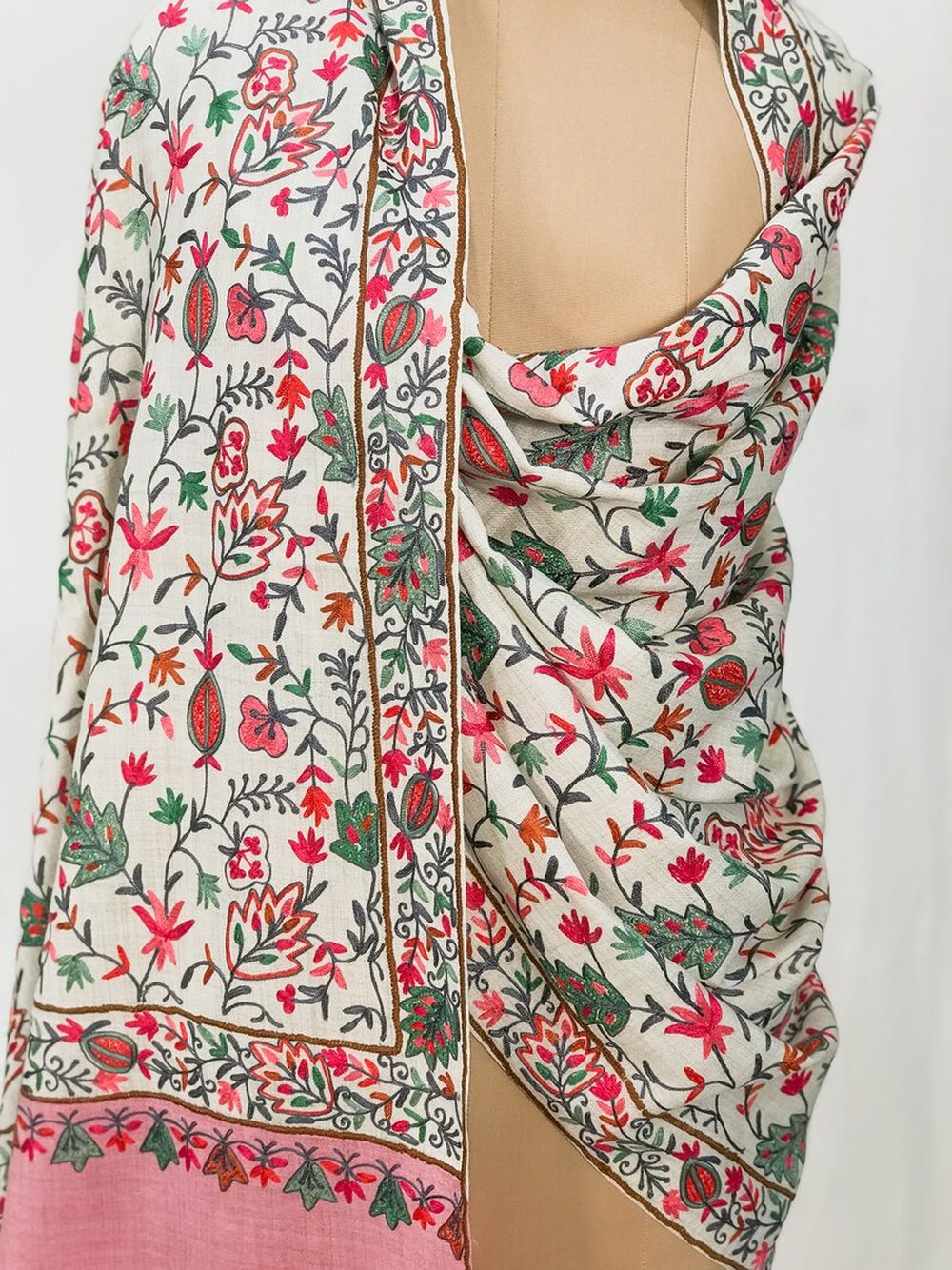 Off-White Pure Wool Shawl with Pink Palla Silk Thread Aari Jaal Embroidery